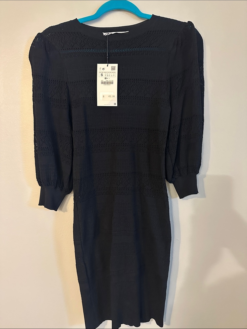 Zara Black Long-Sleeve Knit Puff-Sleeve Midi Dress